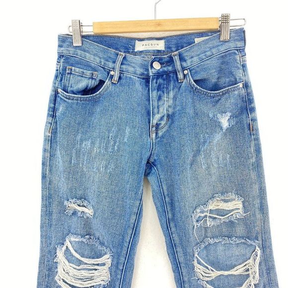 PACSUN Ripped Light Wash Boyfriend Blue Jeans - Picture 2 of 6